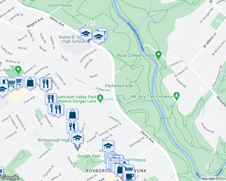 map of restaurants, bars, coffee shops, grocery stores, and more near Henry Ave & Valley Ave in Philadelphia