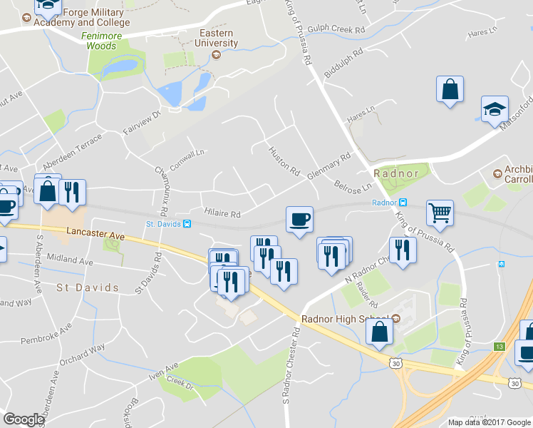 map of restaurants, bars, coffee shops, grocery stores, and more near 602 Glenmary Road in Saint Davids