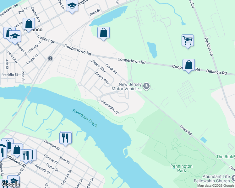 map of restaurants, bars, coffee shops, grocery stores, and more near 5 Pennington Court in Delanco