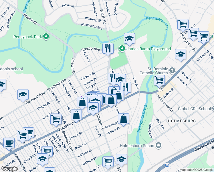 map of restaurants, bars, coffee shops, grocery stores, and more near 8143 Leon Street in Philadelphia