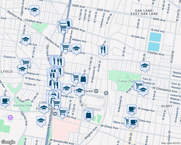 map of restaurants, bars, coffee shops, grocery stores, and more near 6017 North 11th Street in Philadelphia