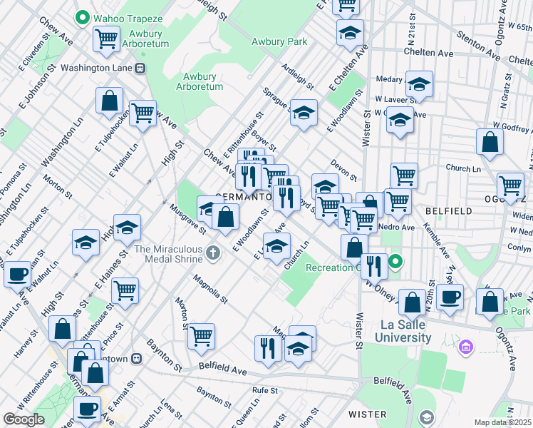 map of restaurants, bars, coffee shops, grocery stores, and more near 746 East Woodlawn Street in Philadelphia