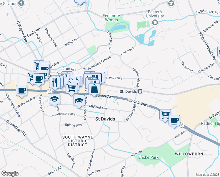 map of restaurants, bars, coffee shops, grocery stores, and more near 123 Iron Works Way in Wayne