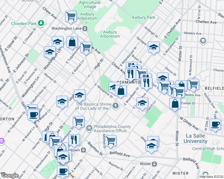 map of restaurants, bars, coffee shops, grocery stores, and more near 608 East Price Street in Philadelphia