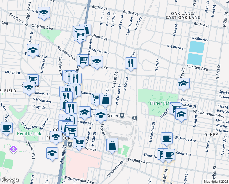 map of restaurants, bars, coffee shops, grocery stores, and more near 6017 North 11th Street in Philadelphia