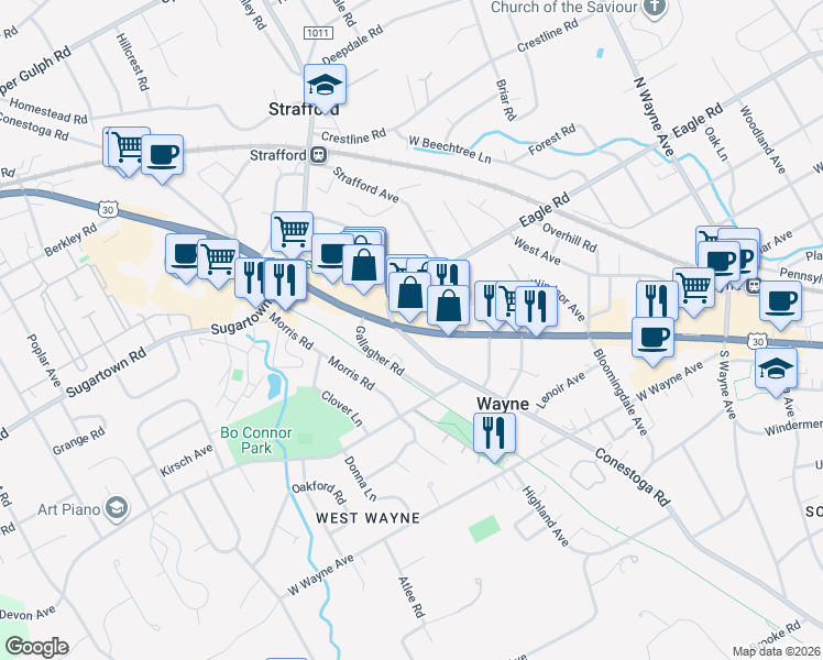 map of restaurants, bars, coffee shops, grocery stores, and more near 100 Conestoga Road in Wayne