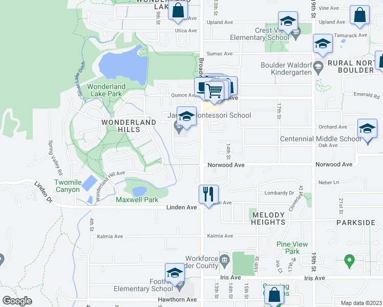 map of restaurants, bars, coffee shops, grocery stores, and more near 1127 Orange Place in Boulder