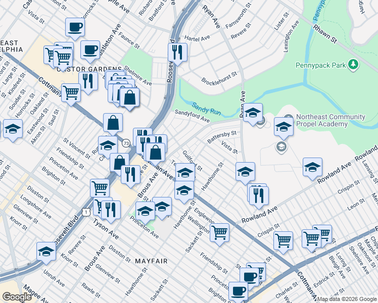 map of restaurants, bars, coffee shops, grocery stores, and more near 2925 Guilford Street in Philadelphia