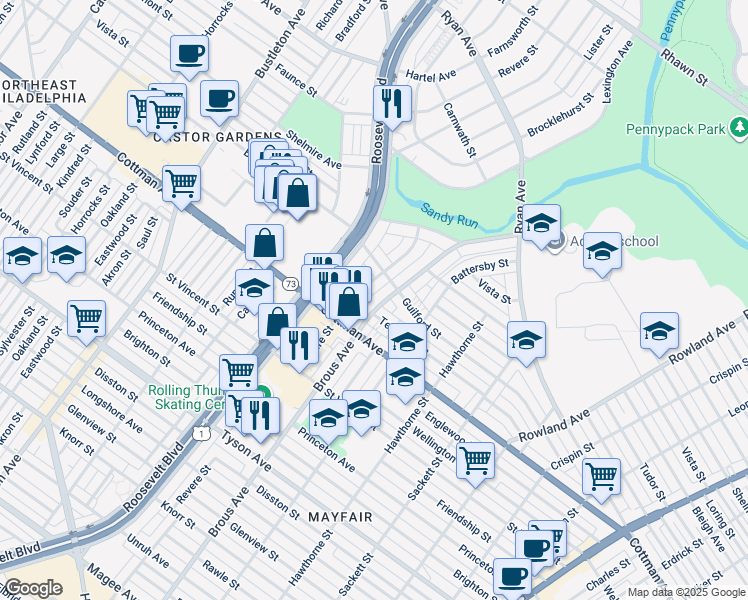 map of restaurants, bars, coffee shops, grocery stores, and more near 7328 Brous Avenue in Philadelphia
