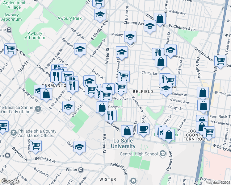map of restaurants, bars, coffee shops, grocery stores, and more near 5917 North Beechwood Street in Philadelphia