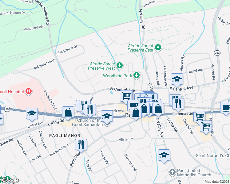 map of restaurants, bars, coffee shops, grocery stores, and more near 100 West Central Avenue in Paoli