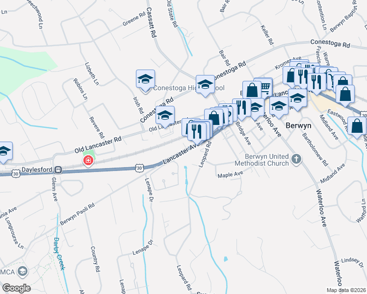 map of restaurants, bars, coffee shops, grocery stores, and more near 23 Grey Court in Berwyn