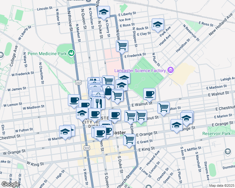 map of restaurants, bars, coffee shops, grocery stores, and more near 126 East Lemon Street in Lancaster