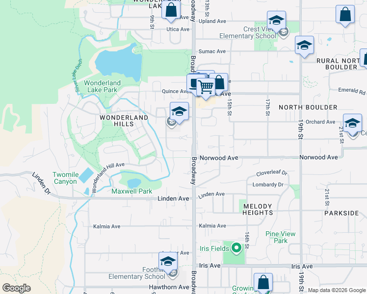 map of restaurants, bars, coffee shops, grocery stores, and more near 1127 Orange Place in Boulder