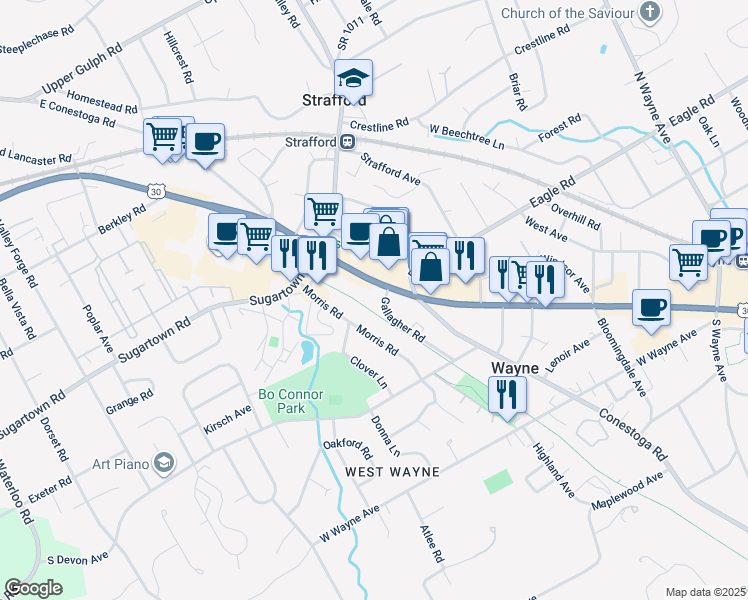 map of restaurants, bars, coffee shops, grocery stores, and more near 512 West Lancaster Avenue in Wayne
