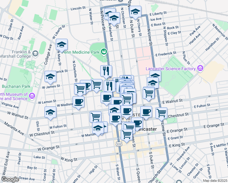 map of restaurants, bars, coffee shops, grocery stores, and more near 41 West Lemon Street in Lancaster