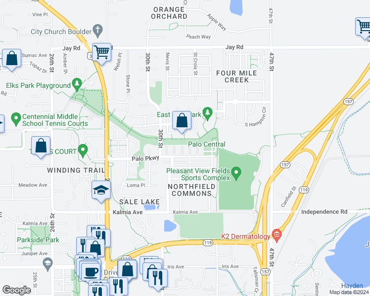 map of restaurants, bars, coffee shops, grocery stores, and more near 3838 Fredericks Court in Boulder