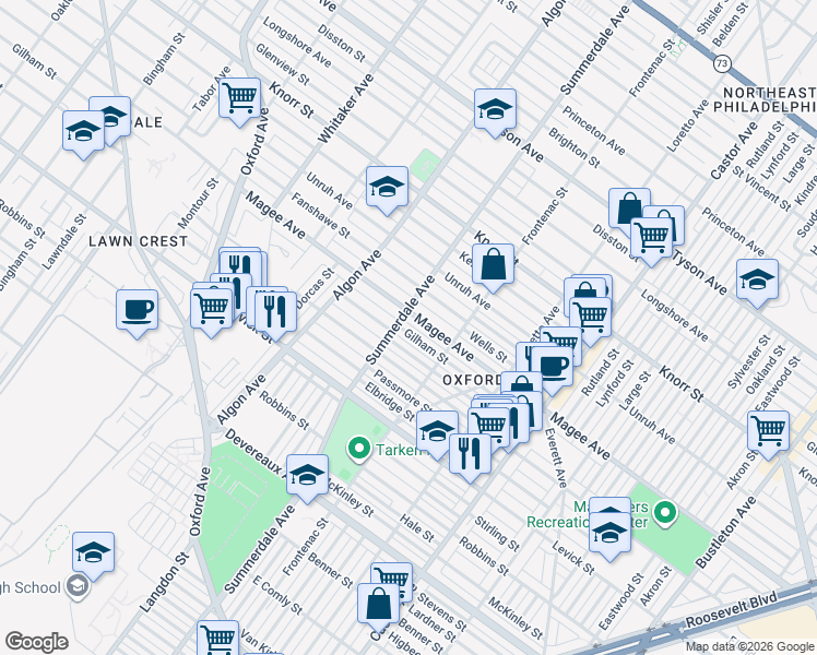 map of restaurants, bars, coffee shops, grocery stores, and more near 1201 Greeby Street in Philadelphia