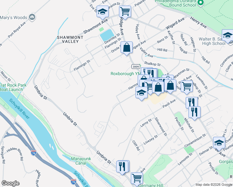 map of restaurants, bars, coffee shops, grocery stores, and more near 420 Harmon Road in Philadelphia