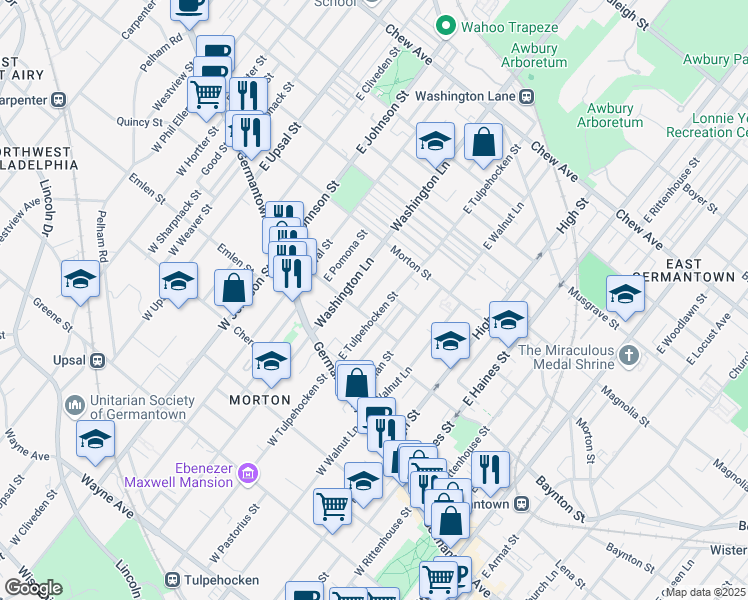 map of restaurants, bars, coffee shops, grocery stores, and more near 118 East Mayland Street in Philadelphia