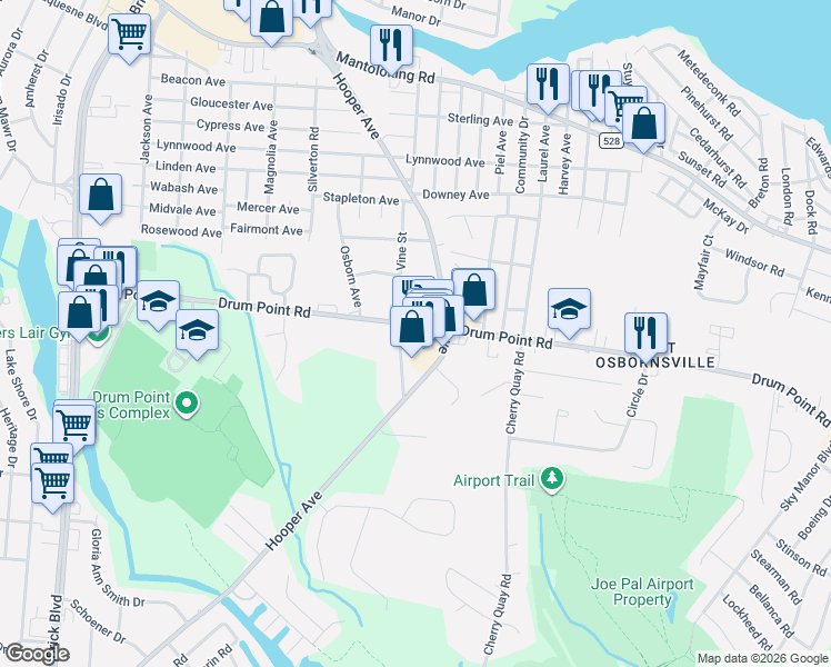 map of restaurants, bars, coffee shops, grocery stores, and more near 2530 Hooper Avenue in Brick Township