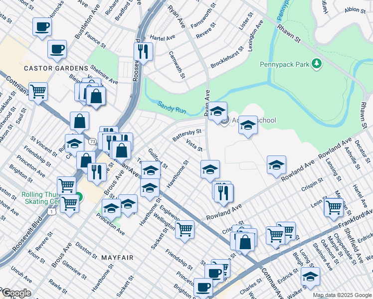 map of restaurants, bars, coffee shops, grocery stores, and more near 3027 Nesper Street in Philadelphia