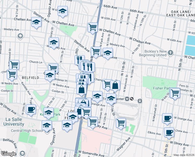map of restaurants, bars, coffee shops, grocery stores, and more near 5942 North Park Avenue in Philadelphia
