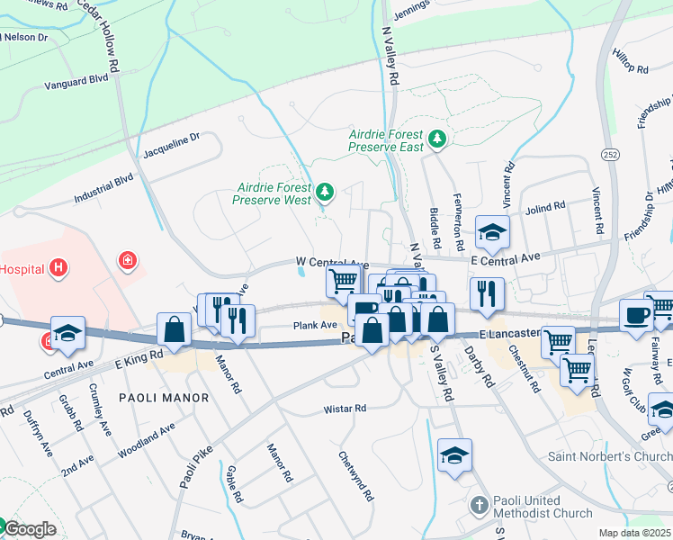 map of restaurants, bars, coffee shops, grocery stores, and more near 78 W Central Ave in Paoli