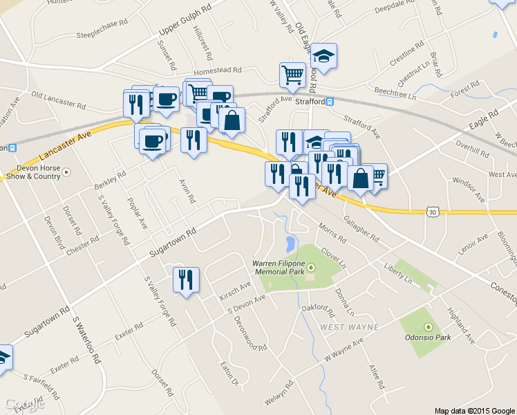map of restaurants, bars, coffee shops, grocery stores, and more near 265 Sugartown Road in Wayne