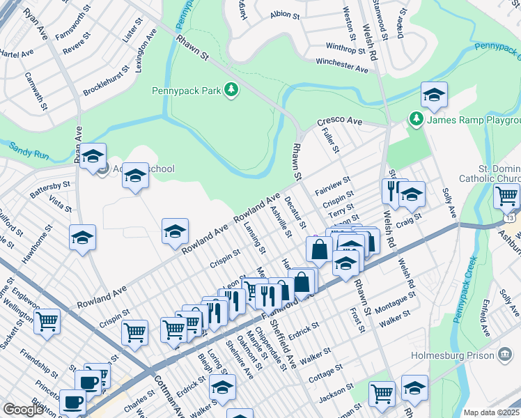 map of restaurants, bars, coffee shops, grocery stores, and more near 3301 Hartel Avenue in Philadelphia
