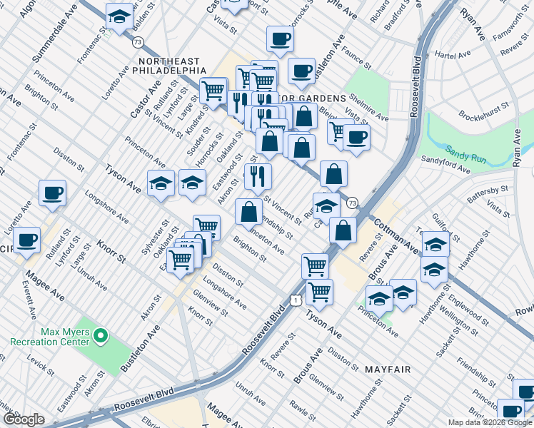 map of restaurants, bars, coffee shops, grocery stores, and more near 2146 Friendship Street in Philadelphia