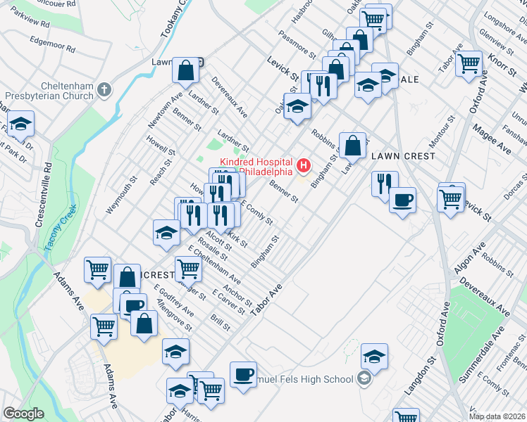 map of restaurants, bars, coffee shops, grocery stores, and more near 561 East Comly Street in Philadelphia
