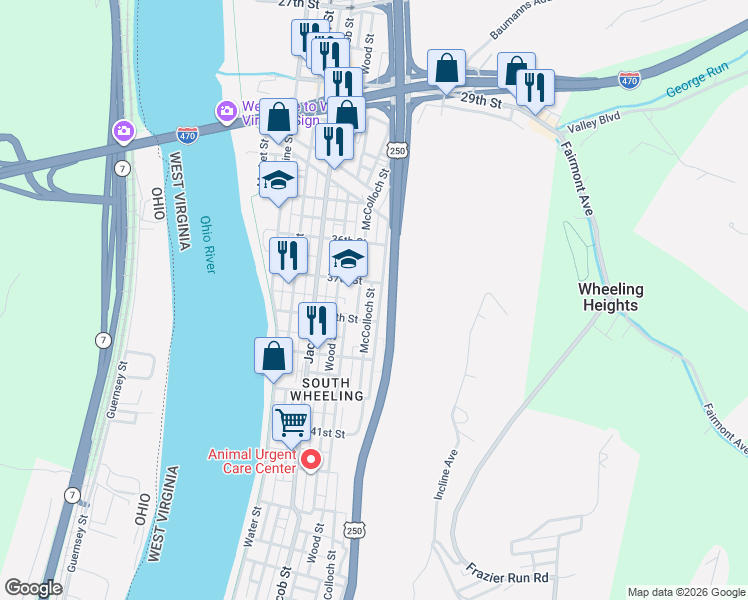map of restaurants, bars, coffee shops, grocery stores, and more near 3737 Wetzel St in Wheeling