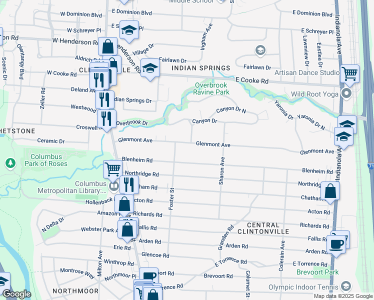 map of restaurants, bars, coffee shops, grocery stores, and more near 214 Blenheim Road in Columbus