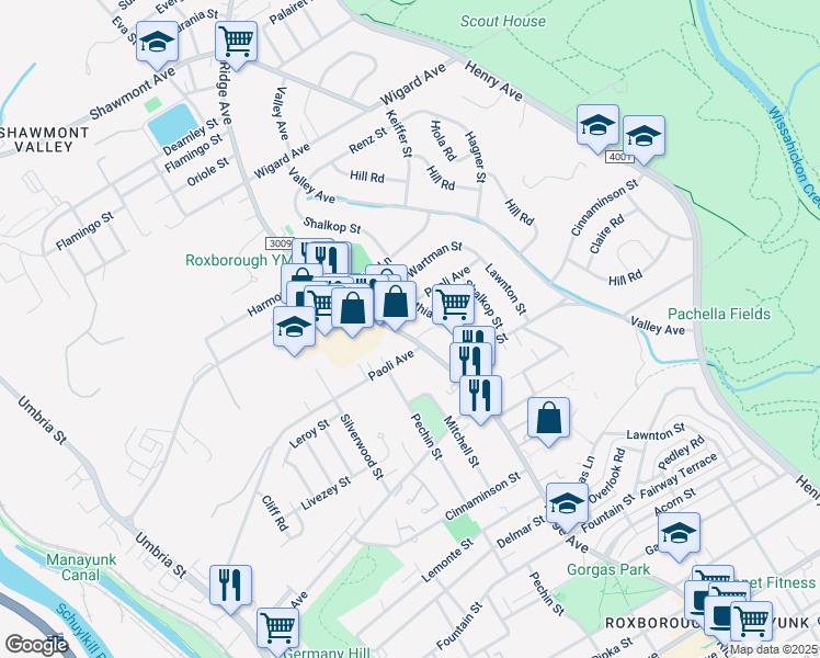 map of restaurants, bars, coffee shops, grocery stores, and more near 7015 Ridge Avenue in Philadelphia