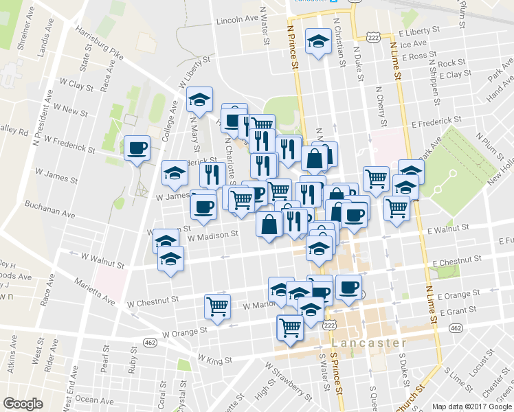 map of restaurants, bars, coffee shops, grocery stores, and more near 421 North Concord Street in Lancaster