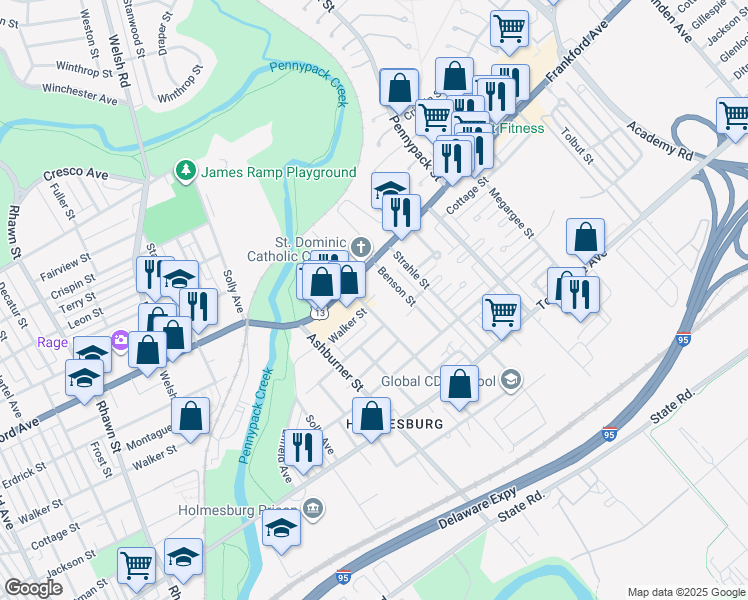 map of restaurants, bars, coffee shops, grocery stores, and more near 4017 Blakiston Street in Philadelphia
