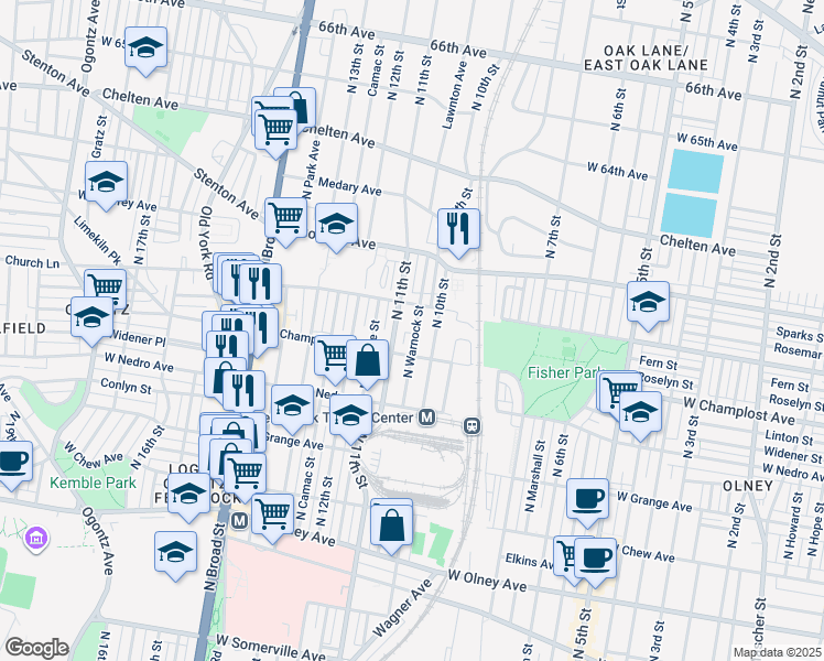 map of restaurants, bars, coffee shops, grocery stores, and more near 6024 North Warnock Street in Philadelphia