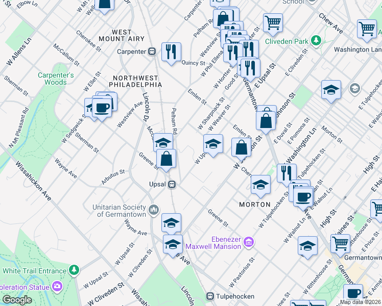 map of restaurants, bars, coffee shops, grocery stores, and more near 229 West Upsal Street in Philadelphia