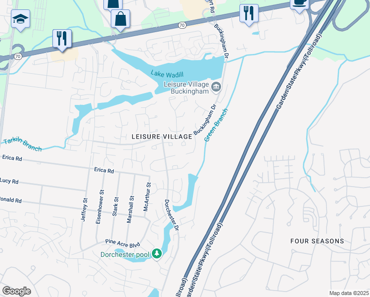 map of restaurants, bars, coffee shops, grocery stores, and more near 58D Buckingham Drive in Lakewood