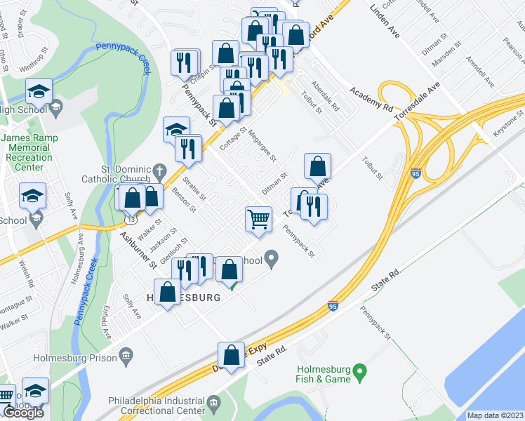 map of restaurants, bars, coffee shops, grocery stores, and more near 4618 Pennypack Street in Philadelphia