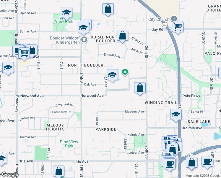 map of restaurants, bars, coffee shops, grocery stores, and more near 2210 Norwood Avenue in Boulder