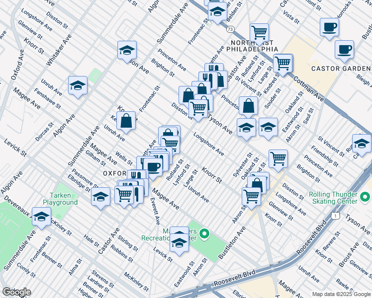 map of restaurants, bars, coffee shops, grocery stores, and more near 6752 Rutland Street in Philadelphia