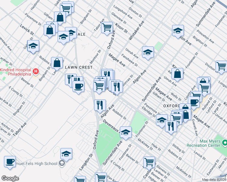 map of restaurants, bars, coffee shops, grocery stores, and more near 6401 Dorcas Street in Philadelphia