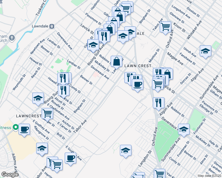map of restaurants, bars, coffee shops, grocery stores, and more near 6118 Tabor Avenue in Philadelphia
