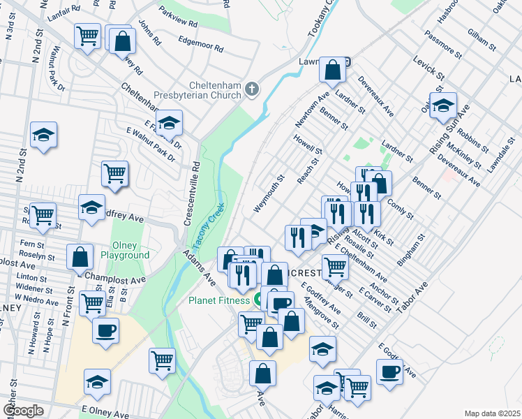 map of restaurants, bars, coffee shops, grocery stores, and more near 5722 Reach Street in Philadelphia