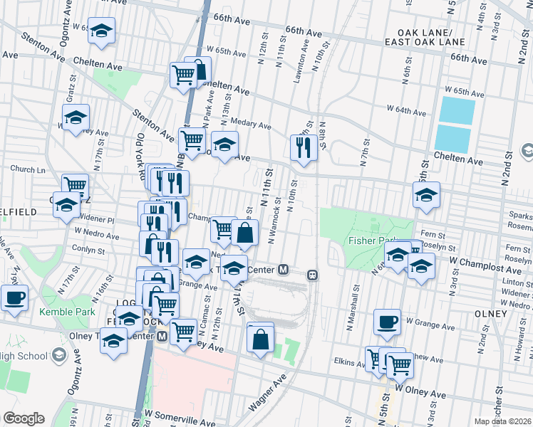 map of restaurants, bars, coffee shops, grocery stores, and more near 6007 North 11th Street in Philadelphia