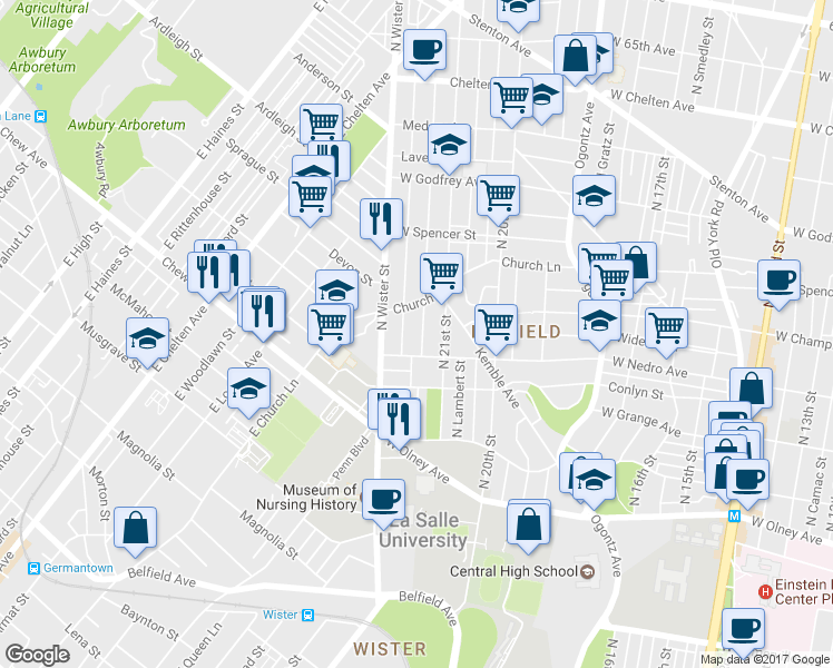 map of restaurants, bars, coffee shops, grocery stores, and more near 5917 North Beechwood Street in Philadelphia