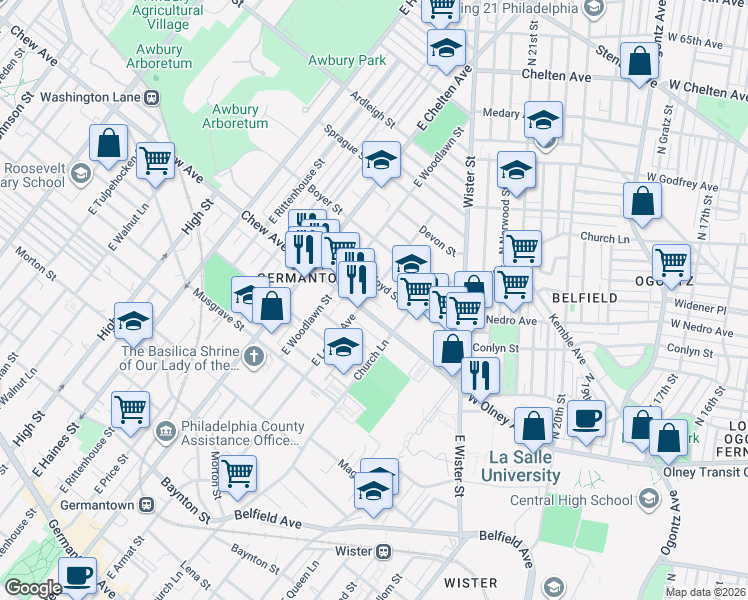 map of restaurants, bars, coffee shops, grocery stores, and more near 5533 Crowson Street in Philadelphia
