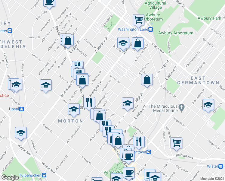 map of restaurants, bars, coffee shops, grocery stores, and more near 128 East Pastorius Street in Philadelphia